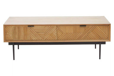 Orsina Jakara Coffee Table – Natural Carved Wood with 2 Drawers