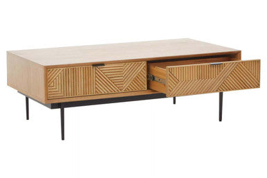 Orsina Jakara Coffee Table – Natural Carved Wood with 2 Drawers