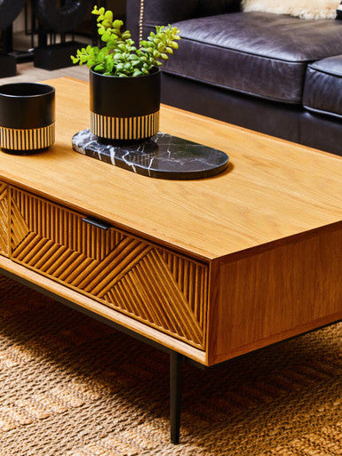 Orsina Jakara Coffee Table – Natural Carved Wood with 2 Drawers