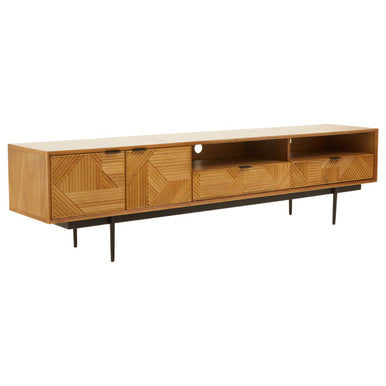 Orsina Jakara 200cm TV Stand – Natural Wood Media Unit with Carved Doors