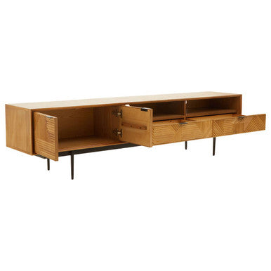 Orsina Jakara 200cm TV Stand – Natural Wood Media Unit with Carved Doors