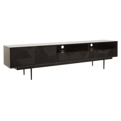 Orsina Jakara Black Media Unit – 200cm Carved Wood TV Stand Console