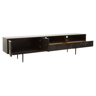 Orsina Jakara Black Media Unit – 200cm Carved Wood TV Stand Console