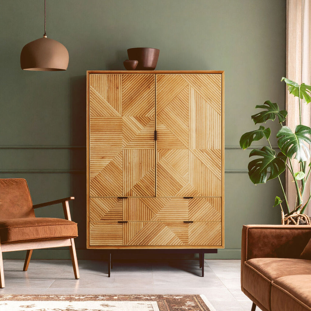 Orsina Jakara Natural Wood Cabinet – Carved Storage Sideboard