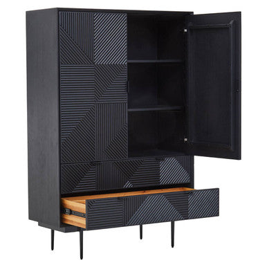 Orsina Jakara Black Wood Cabinet – Carved Geometric Storage