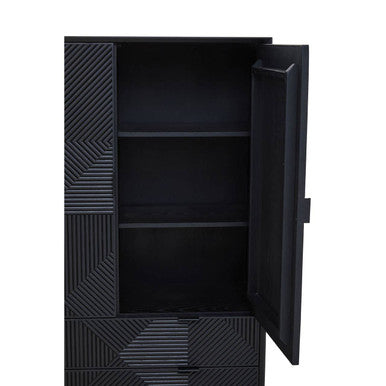 Orsina Jakara Black Wood Cabinet – Carved Geometric Storage