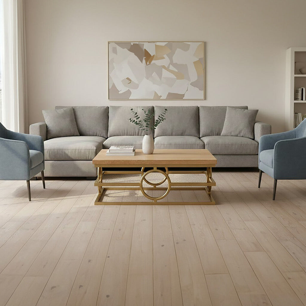 Orsina Jarloi Round Coffee Table – Natural Oak & Gold Stainless Steel