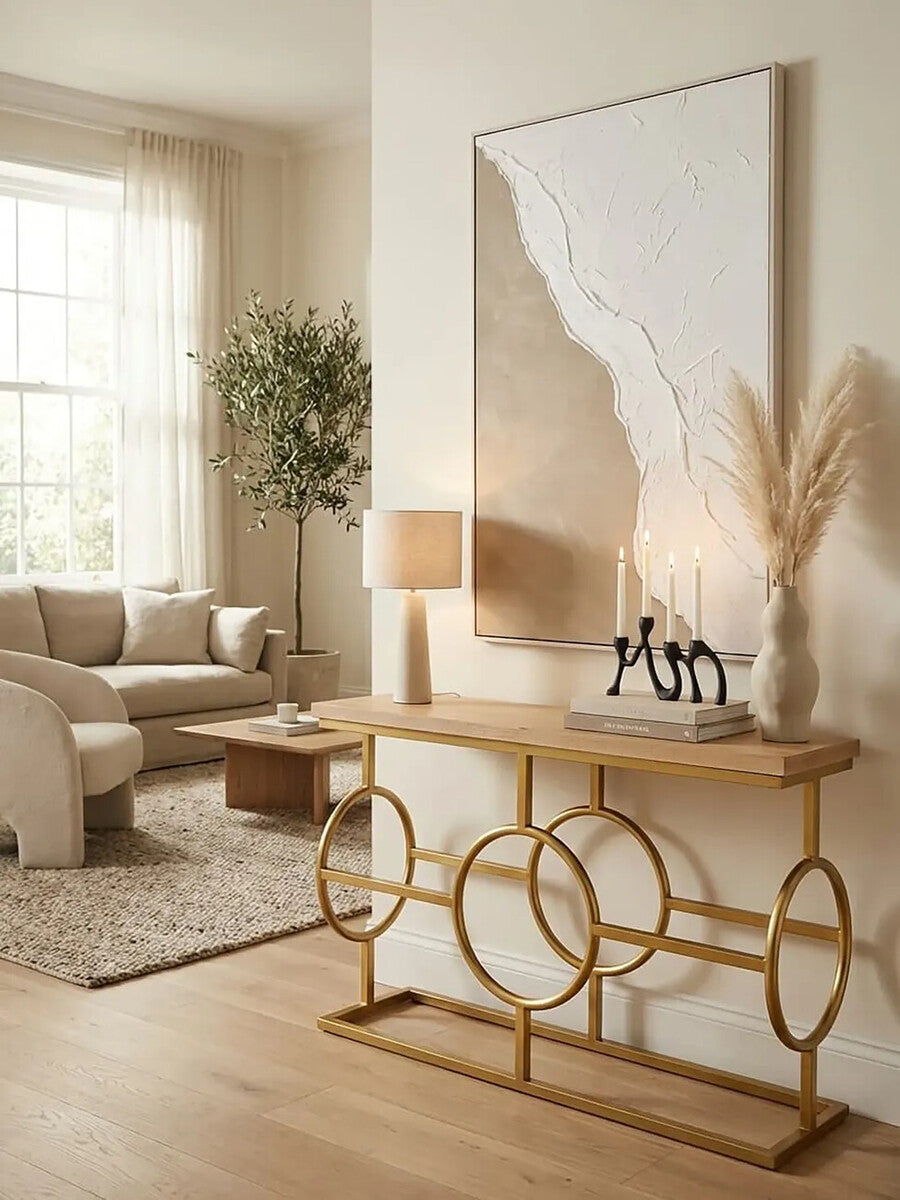 Orsina Jarloi Console Table – Natural Oak Top with Gold Stainless Steel
