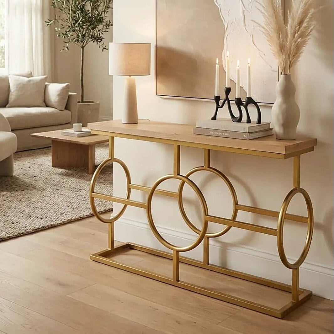 Orsina Jarloi Console Table – Natural Oak Top with Gold Stainless Steel