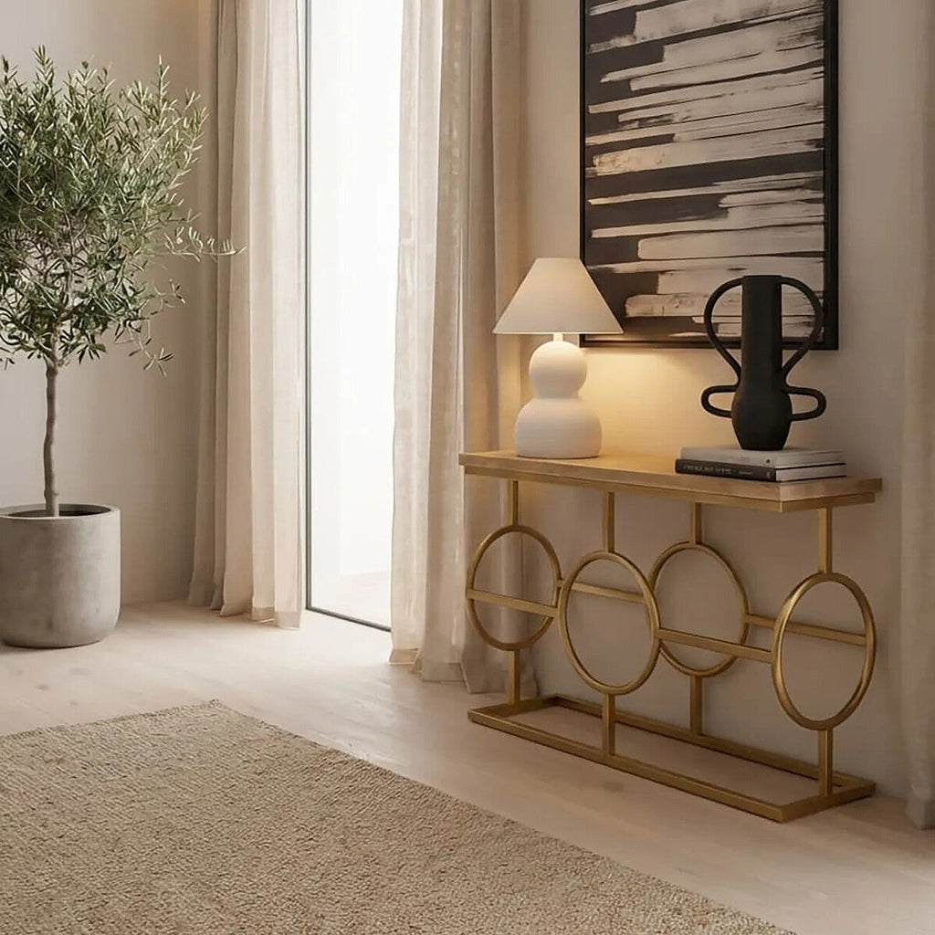 Orsina Jarloi Console Table – Natural Oak Top with Gold Stainless Steel