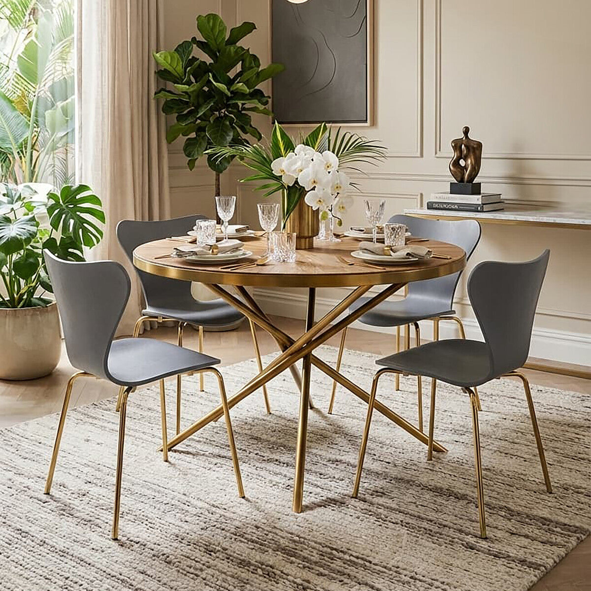 Orsina Jana Round Fir Wood Dining Table with Gold Stainless Steel Base
