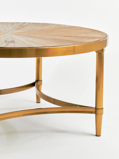Orsina Jana Round Coffee Table – Aged Fir Wood and Gold Stainless Steel