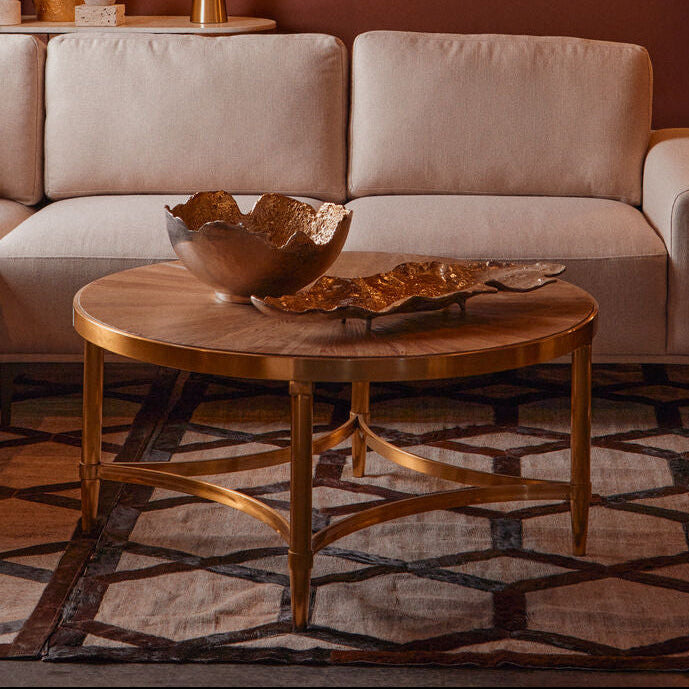 Orsina Jana Round Coffee Table – Aged Fir Wood and Gold Stainless Steel