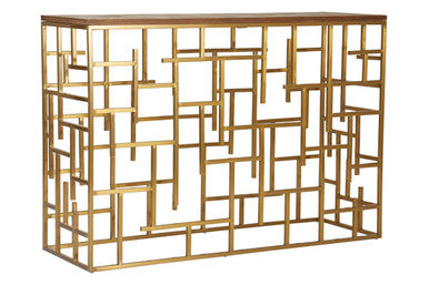 Orsina Jana Gold Console Table – Aged Fir Wood & Geometric Steel