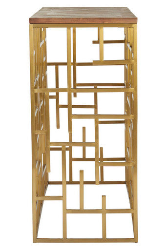 Orsina Jana Gold Console Table – Aged Fir Wood & Geometric Steel
