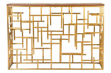 Orsina Jana Gold Console Table – Aged Fir Wood & Geometric Steel