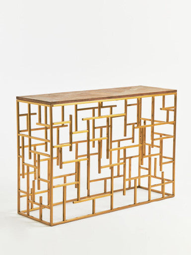 Orsina Jana Gold Console Table – Aged Fir Wood & Geometric Steel