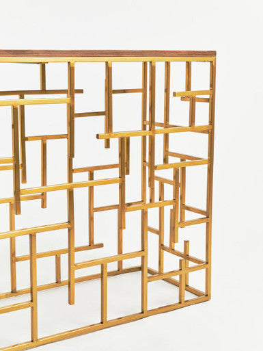 Orsina Jana Gold Console Table – Aged Fir Wood & Geometric Steel