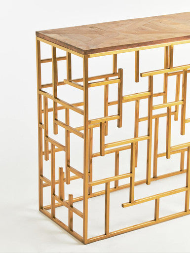 Orsina Jana Gold Console Table – Aged Fir Wood & Geometric Steel