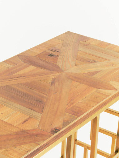 Orsina Jana Gold Console Table – Aged Fir Wood & Geometric Steel