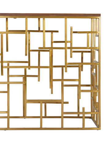 Orsina Jana Gold Console Table – Aged Fir Wood & Geometric Steel