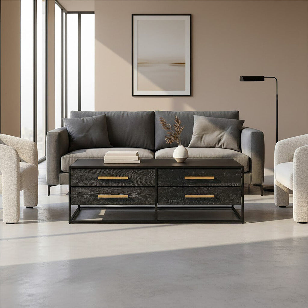 Orsina Judd Black 4-Drawer Coffee Table | Oak Veneer & Iron Frame