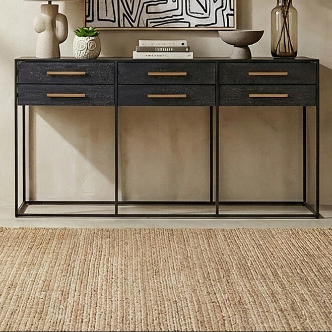 Orsina Judd Black 6-Drawer Console Table with Gold Handles | 160cm