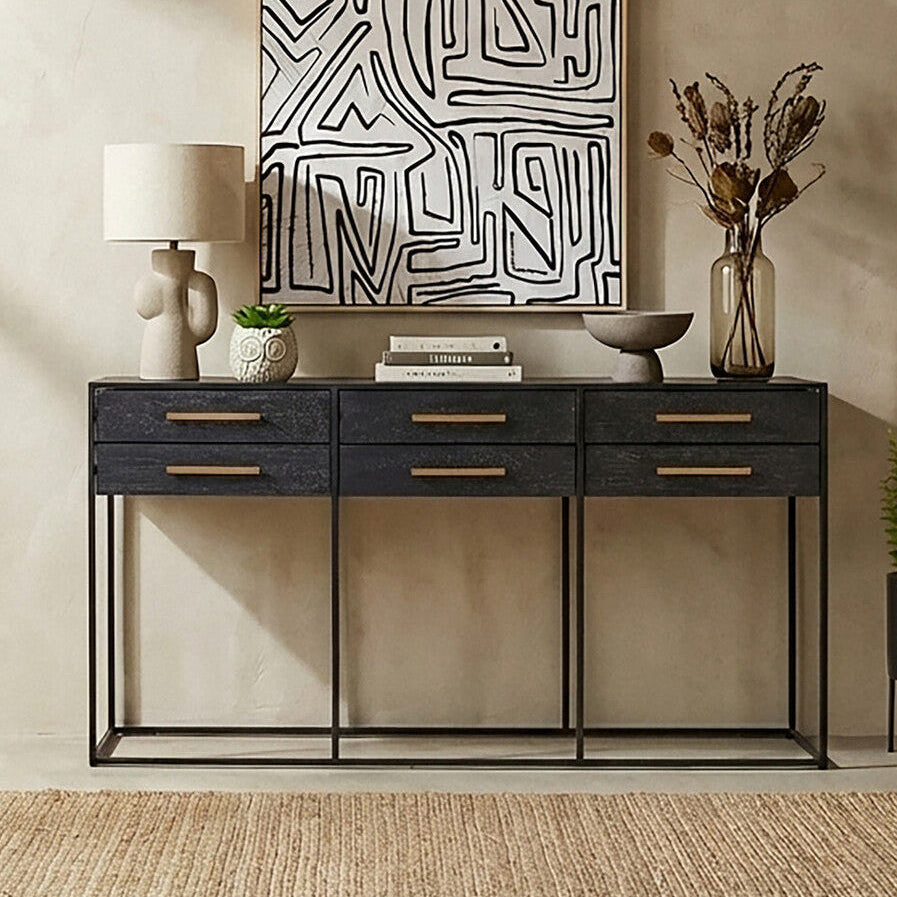 Orsina Judd Black 6-Drawer Console Table with Gold Handles | 160cm
