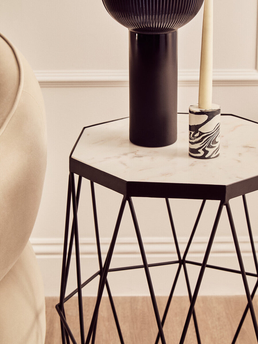 Orsina Shalimar Octagonal Marble Side Table – Black Iron Frame