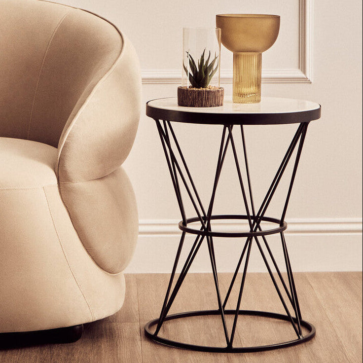 Orsina Shalimar Round White Marble Side Table with Black Iron Base