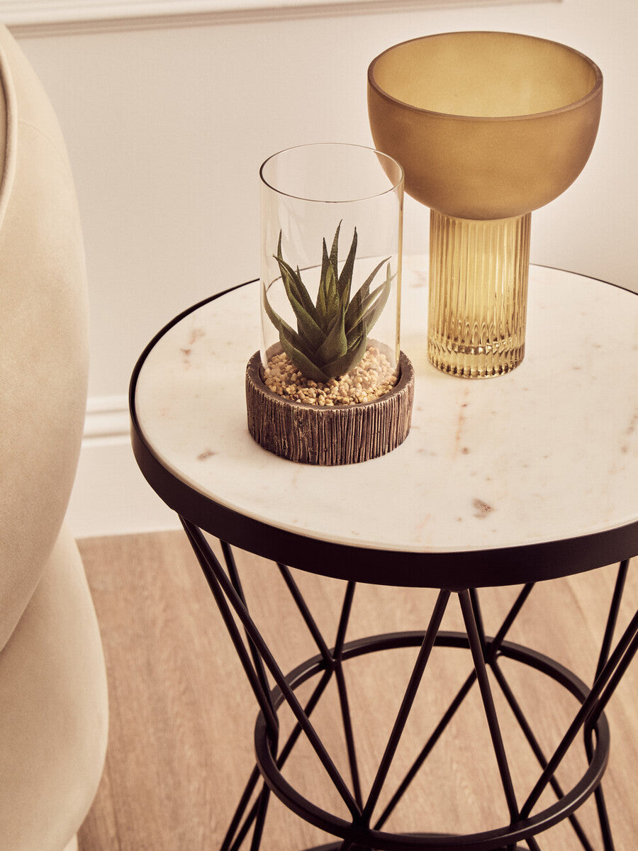 Orsina Shalimar Round White Marble Side Table with Black Iron Base