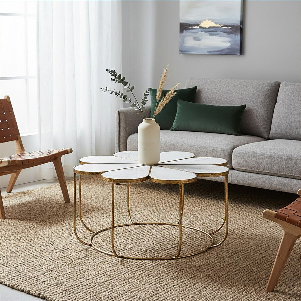 Orsina Rabia Round Marble Coffee Table with Gold Petal Base