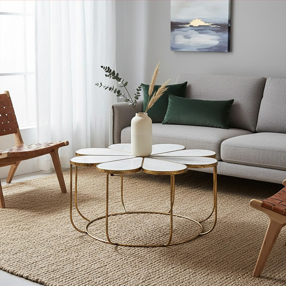 Orsina Rabia Round Marble Coffee Table with Gold Petal Base