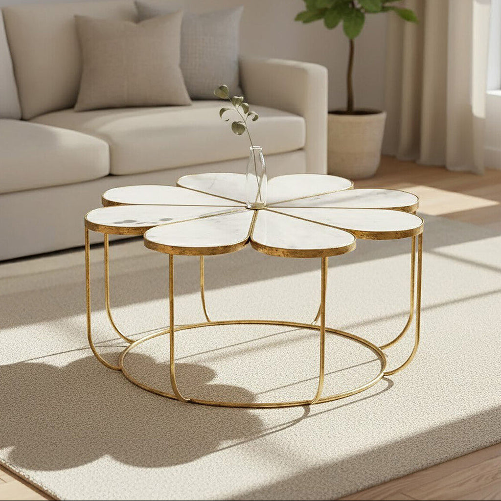 Orsina Rabia Round Marble Coffee Table with Gold Petal Base