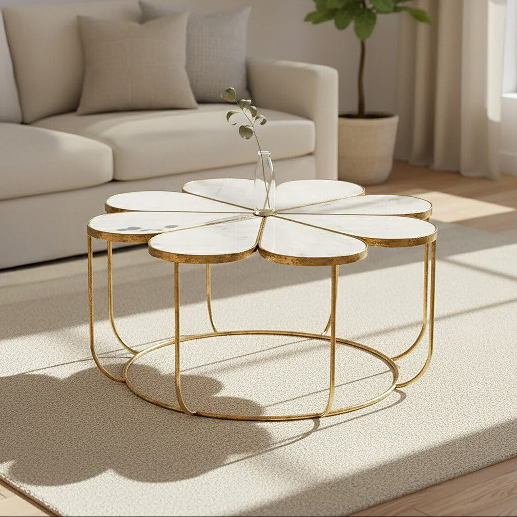 Orsina Rabia Round Marble Coffee Table with Gold Petal Base
