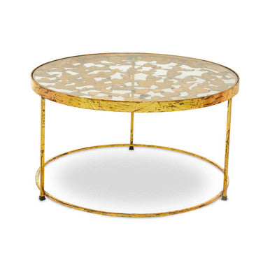Orsina Rabia Round Glass Coffee Table – Gold Butterfly Wireframe Base