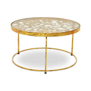 Orsina Rabia Round Glass Coffee Table – Gold Butterfly Wireframe Base