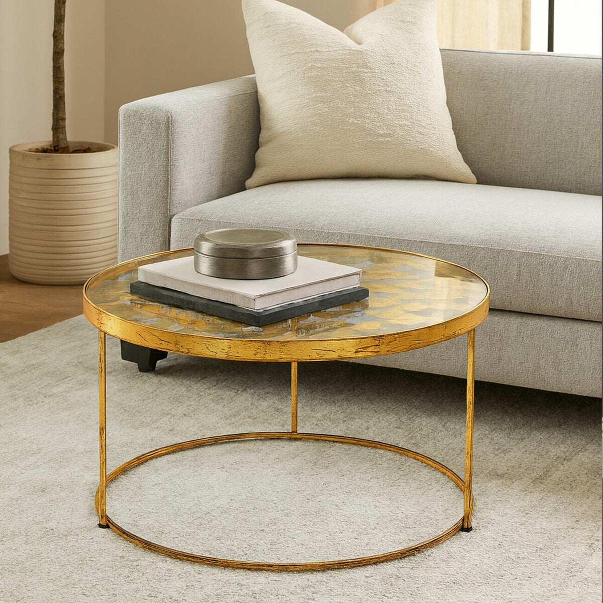 Orsina Rabia Round Glass Coffee Table – Gold Butterfly Wireframe Base