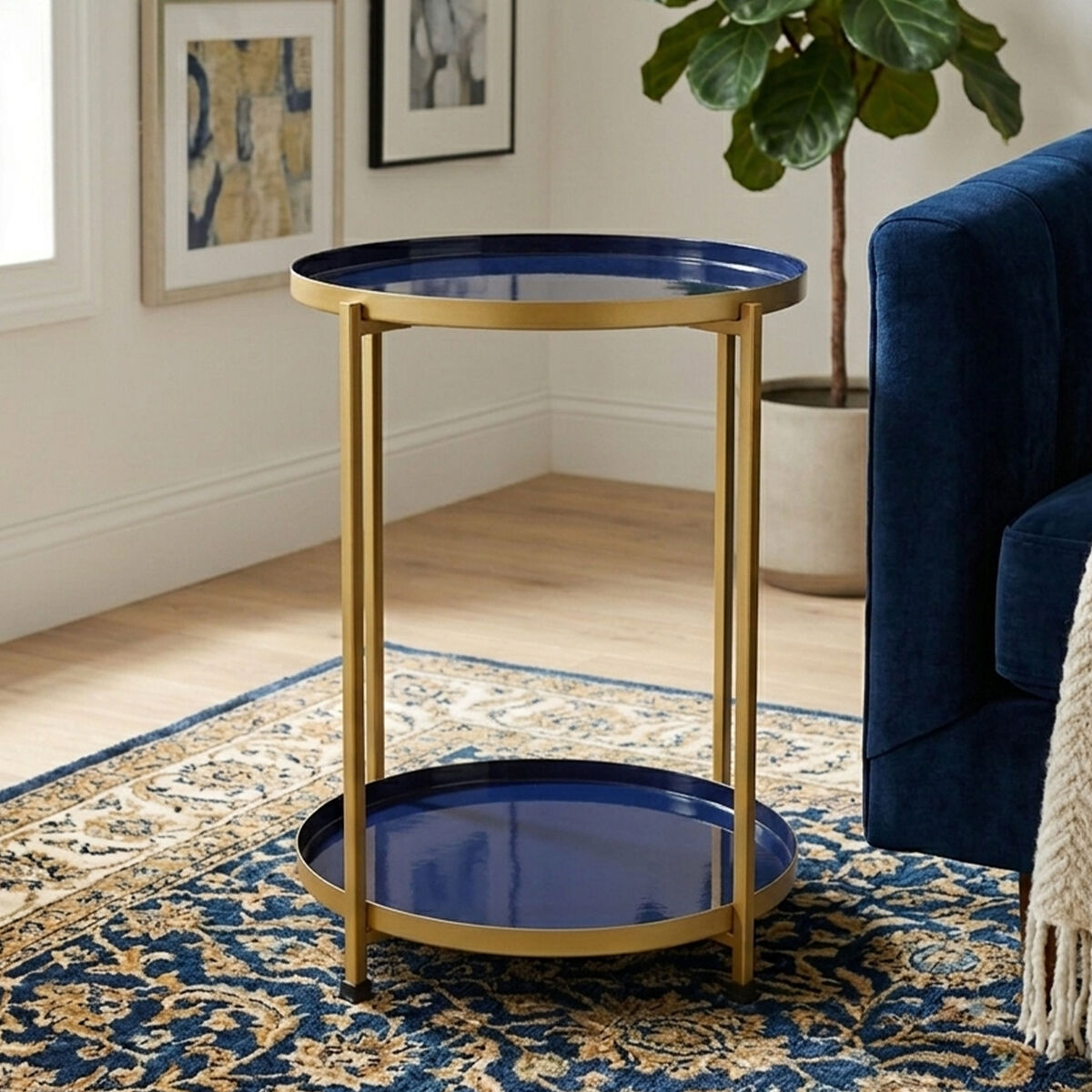Orsina Rabia Blue Enamel Two-Tier Side Table | Brass Finish Metal