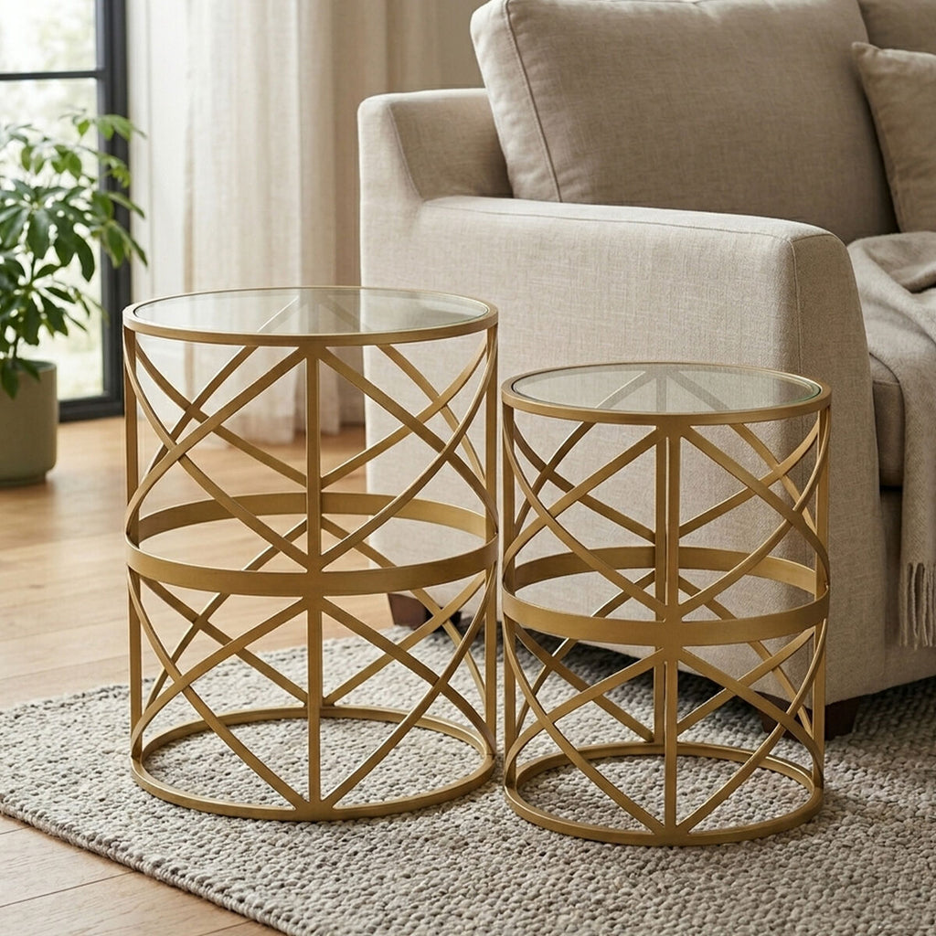 Orsina Rabia Gold Diamond Pattern Side Tables - Set of 2 Nesting Tables