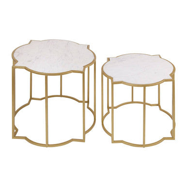 Orsina Rabia White Marble Side Tables – Set of 2 Brass Quatrefoil