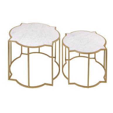 Orsina Rabia White Marble Side Tables – Set of 2 Brass Quatrefoil