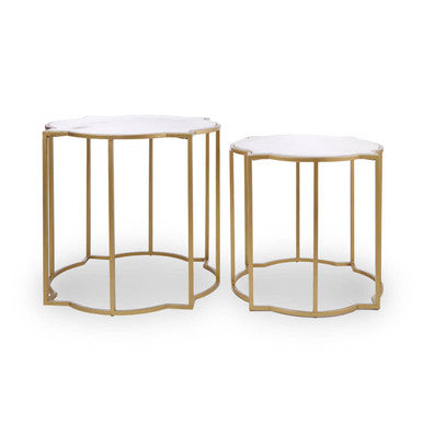 Orsina Rabia White Marble Side Tables – Set of 2 Brass Quatrefoil