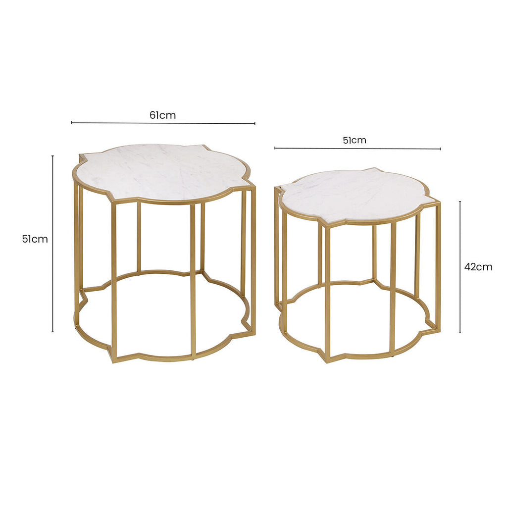 Orsina Rabia White Marble Side Tables – Set of 2 Brass Quatrefoil