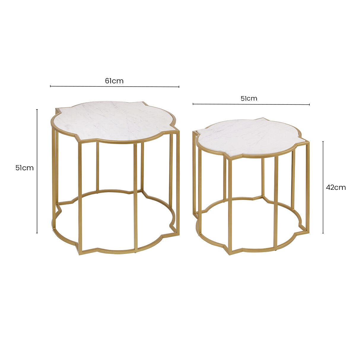 Orsina Rabia White Marble Side Tables – Set of 2 Brass Quatrefoil
