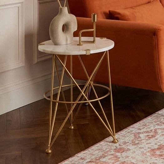 Orsina Rabia White Marble Side Table – Gold Brass Accent Table