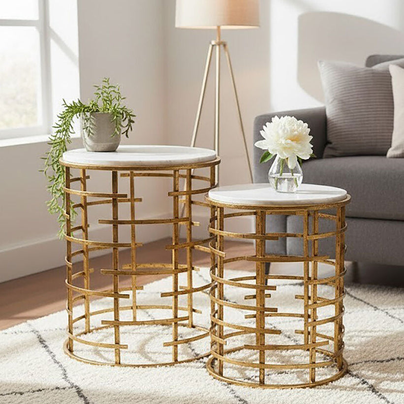Orsina Rabia White Marble Nesting Tables - Set of 2 Round Gold Side Tables