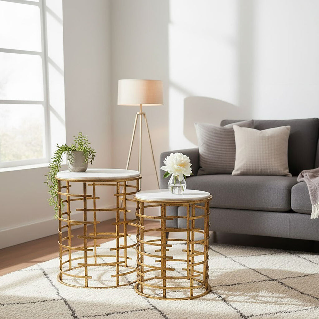 Orsina Rabia White Marble Nesting Tables - Set of 2 Round Gold Side Tables