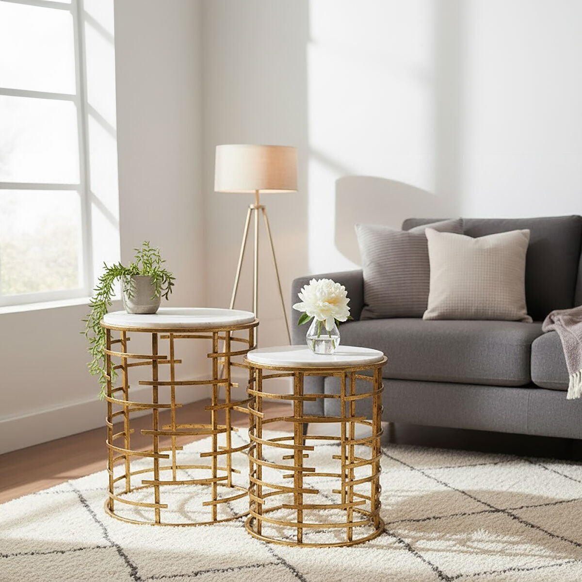 Orsina Rabia White Marble Nesting Tables - Set of 2 Round Gold Side Tables