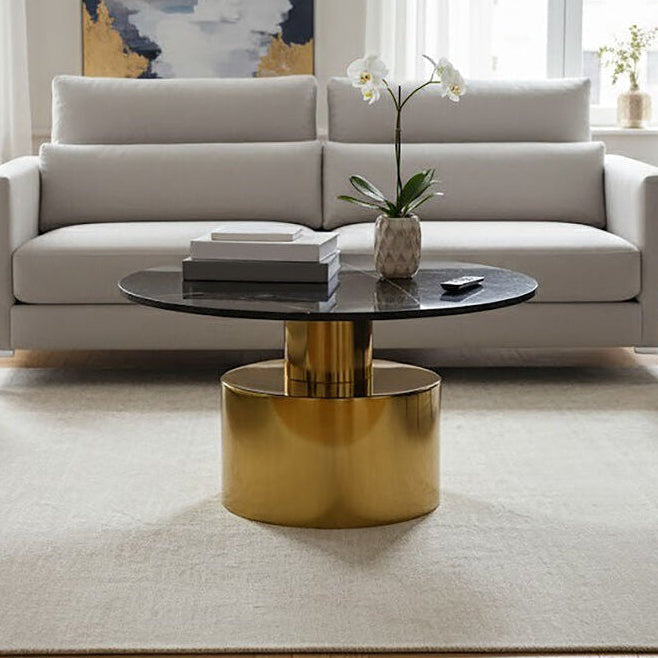 Orsina Rabia Round Black Marble Coffee Table with Gold Pedestal Base